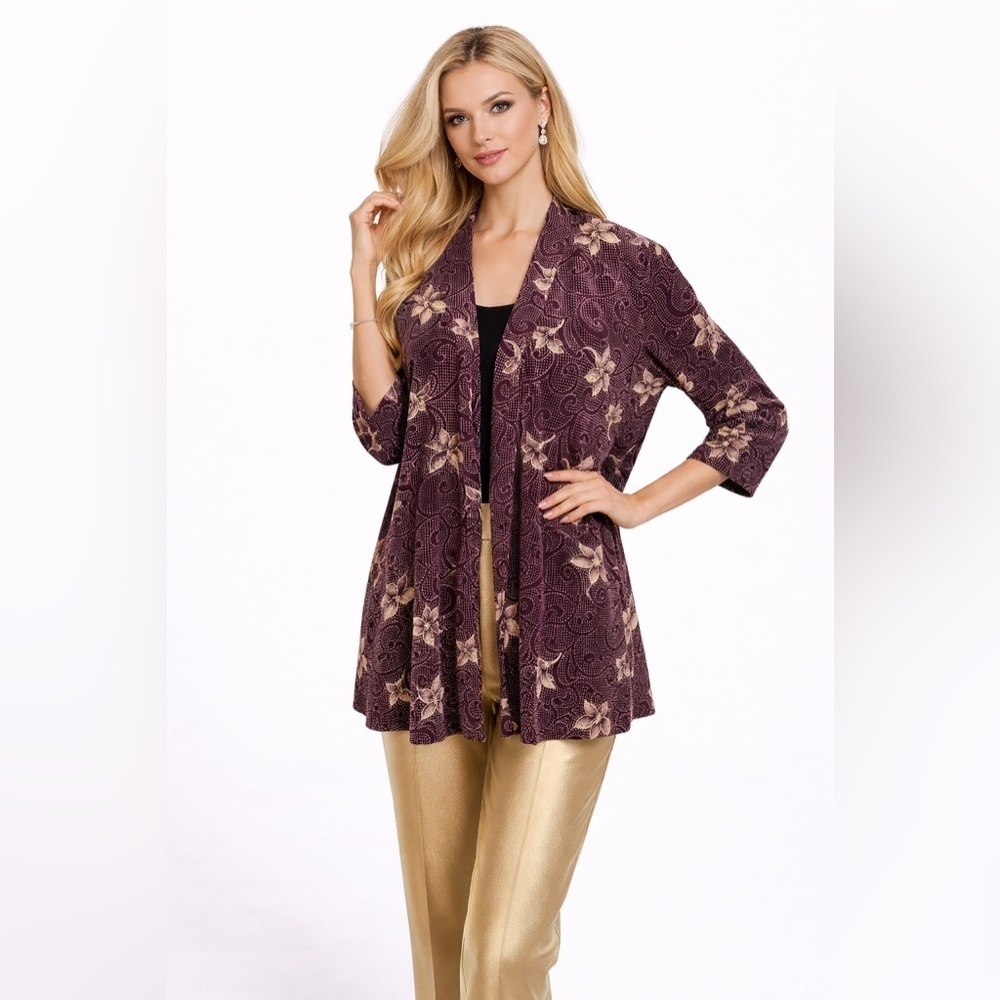 R&M Richards Womens 18W Open Front Jacket Burgundy Floral Glitter 3/4 Sleeve
